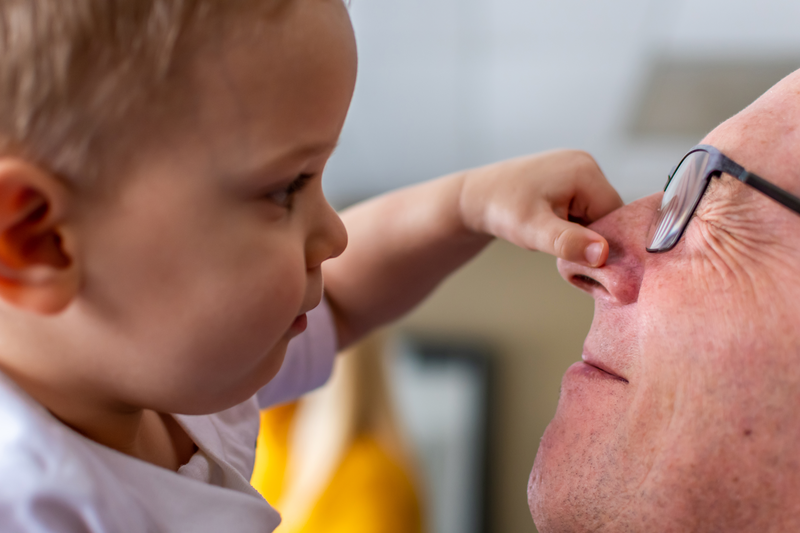 Toddler having fun with his grandpa. - stock photo
Young boy squeezing his grandfather's nose during his 2nd anniversary party.